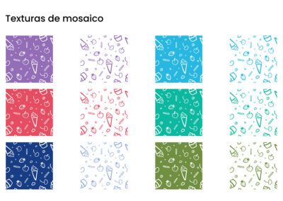 Marca empresarial: Identidad visual. Mosaico con elementos gráficos que acompañan a la marca. Para esta marca se decidió usar ilustraciones a línea de helados en cono y vaso, además de toppings: cerezas, chispas, galletas de barquillo en forma de popote, cerezas, chispas de chocolate y gomitas como elementos para acompañar a la marca.