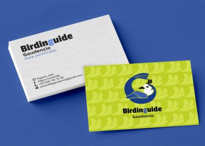 Tarjetas de presentación para Bridiguide. Las tarjetas de presentación tienen diseño al frente y atrás. En la parte delantera tiene un fondo color verde limón y una textura usando el copete del ave en del mismo color pero saturado de blanco. Encima está el logo de Bridinguide que es una urraca azul. Por detrás de las tarjetas tienen el nombre del emprendimiento y los datos de contacto.